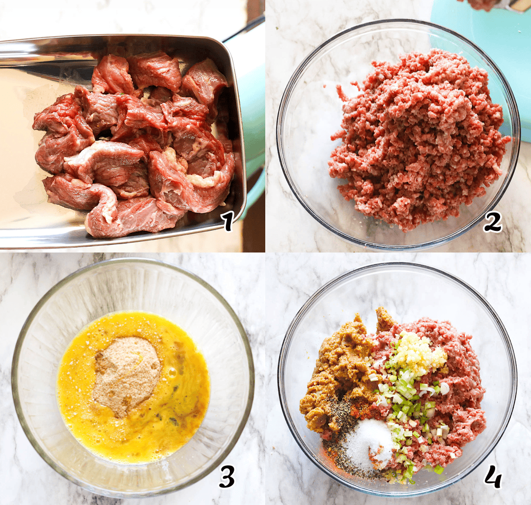 Grind the meat, and mix the patty ingredients.