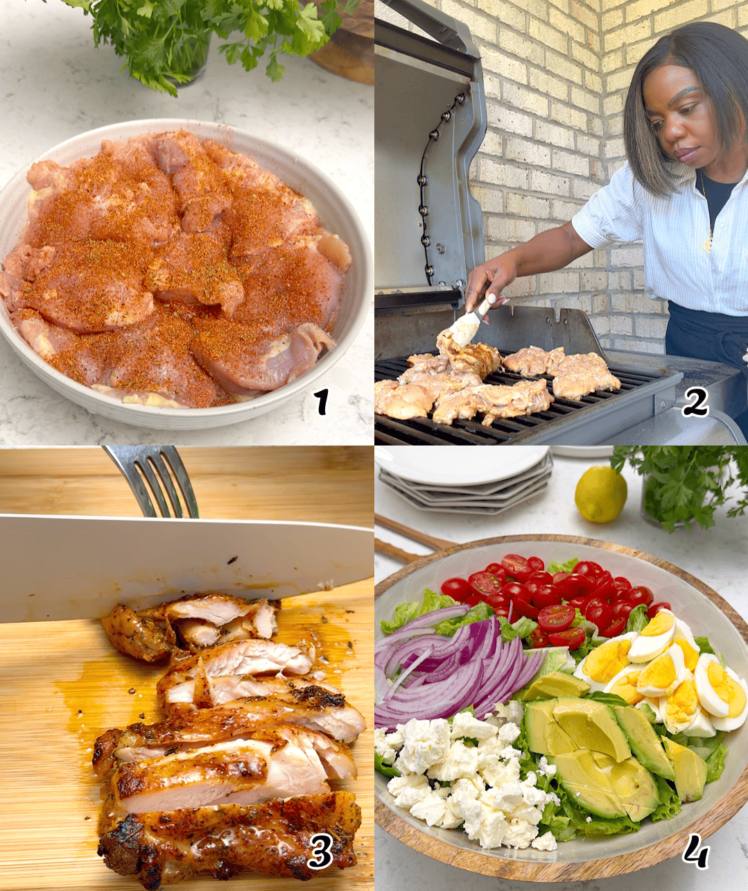 Grill the meat and assemble the salad.