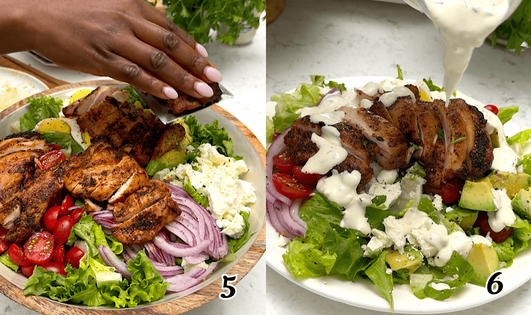Add the meat, drizzle with dressing, and enjoy.