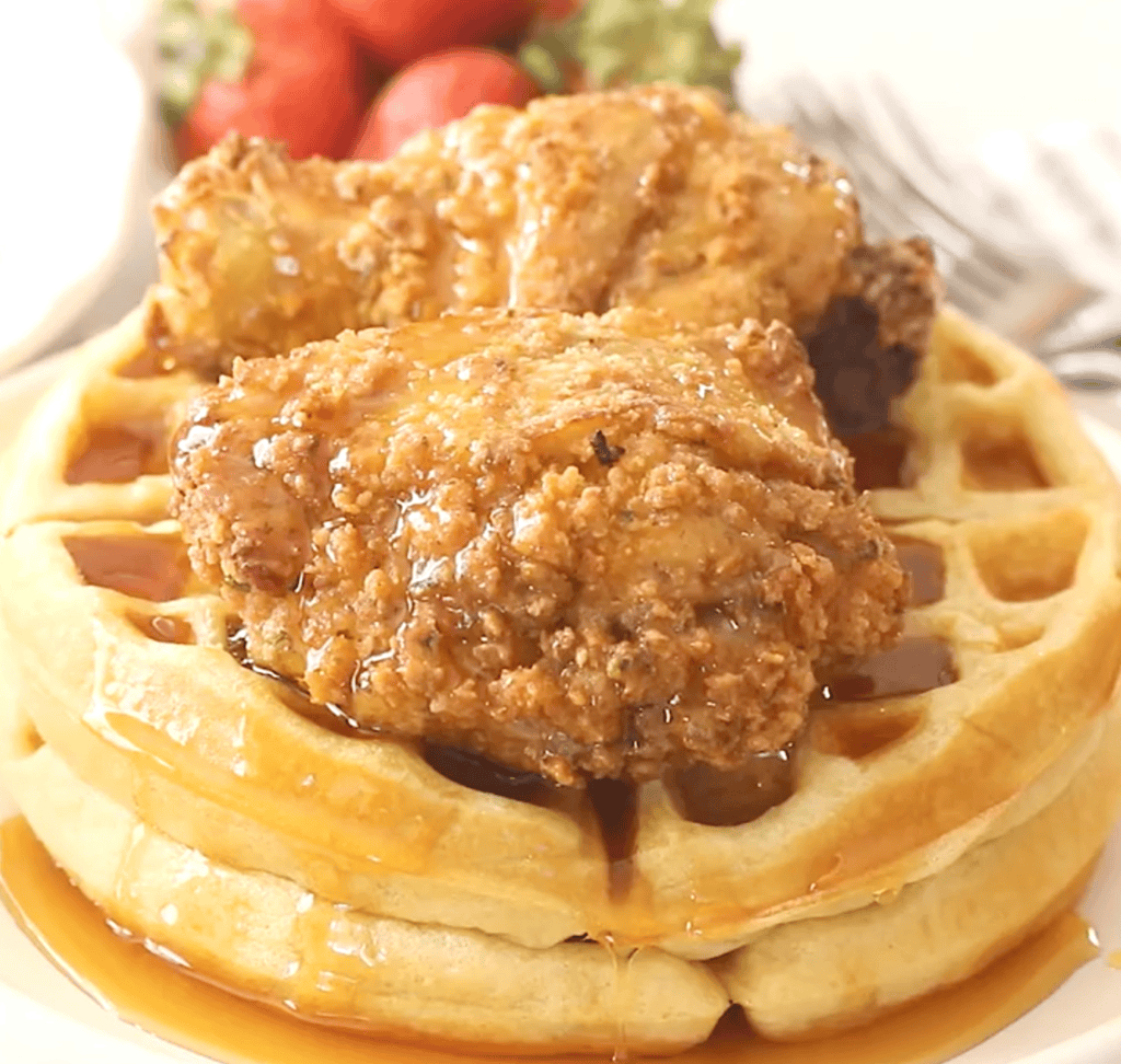 Sweet and savory chicken and waffles deliver a classic soul food staple.