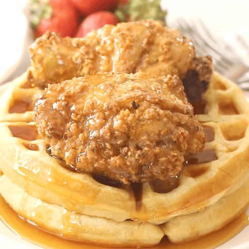 Sweet and savory chicken and waffles deliver a classic soul food staple.