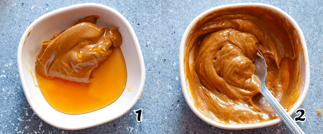 Mixing the peanut butter honey sauce.