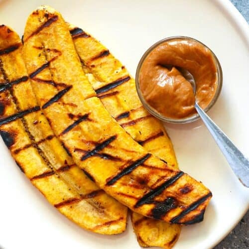 Serving up plantains fresh from the grill with a peanut butter honey sauce.