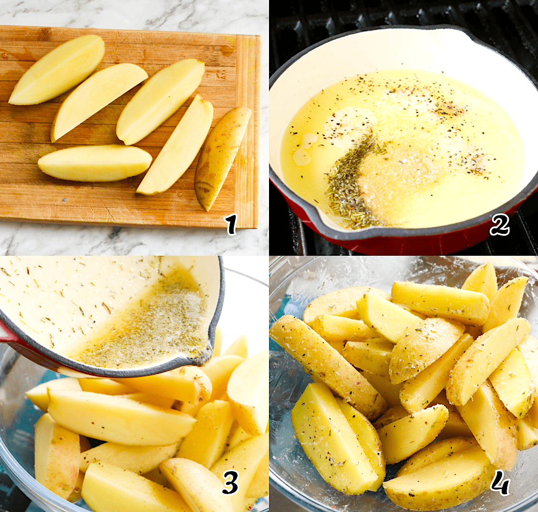 Cut the spuds, make the herbed butter or oil, and season.