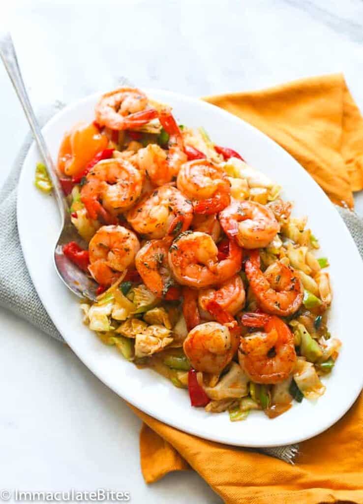 Serving up Jamaican cabbage and shrimp for a delicious and healthy weeknight dinner.