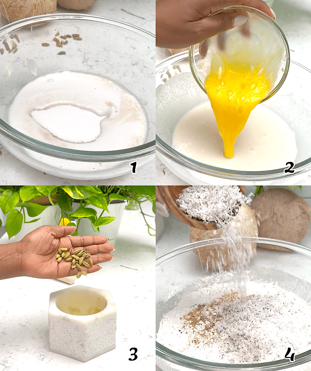 Activate the yeast, beat the egg, crush the cardamom, and mix well.