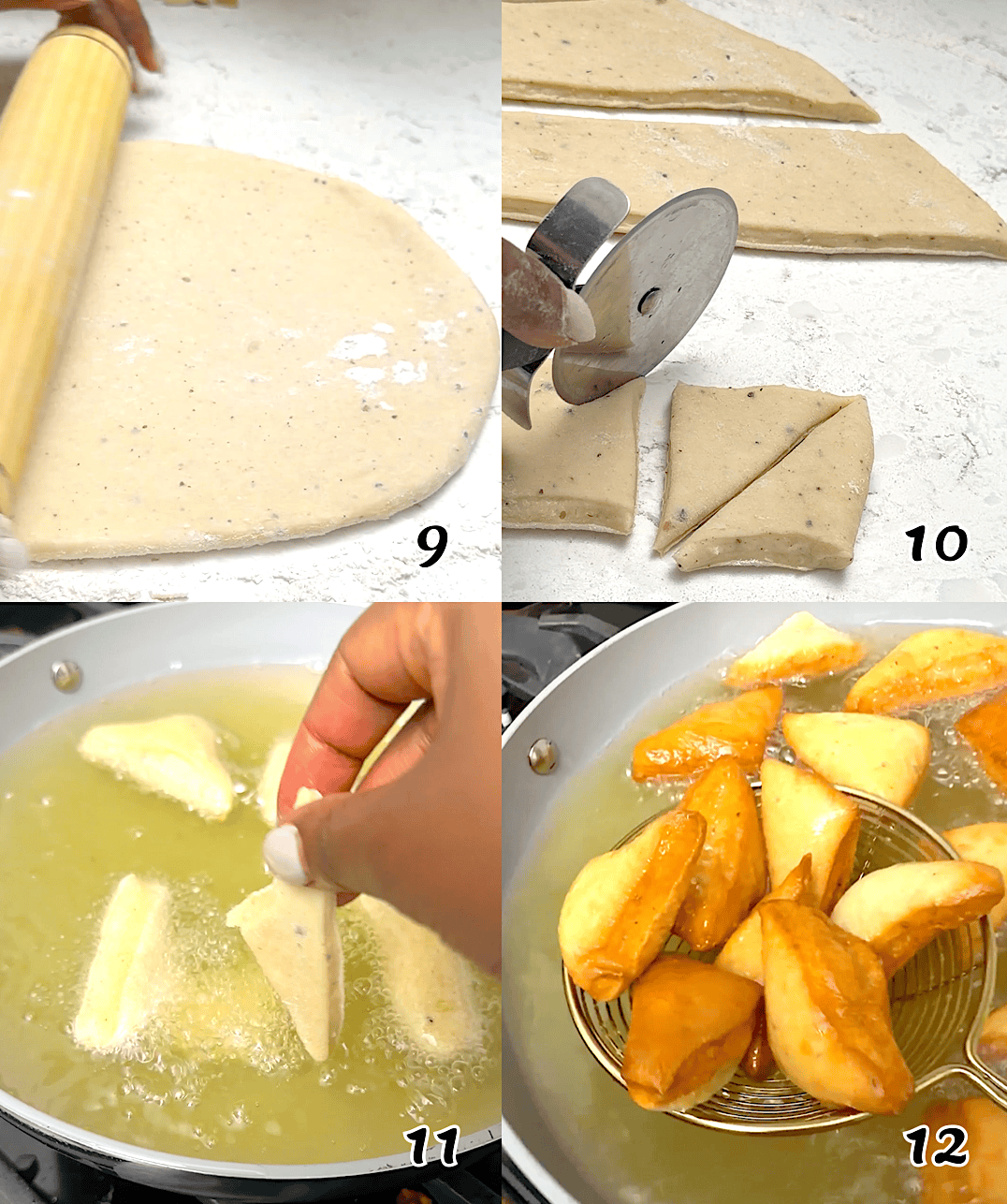 Roll it out, cut the dough into triangles, and fry it.