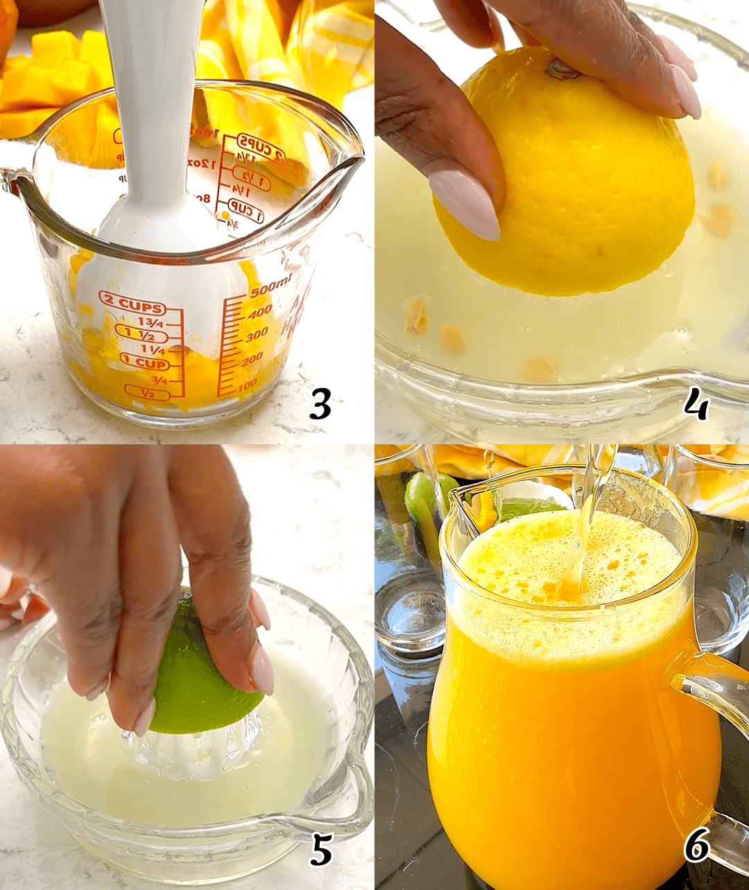 Puree the fruit, squeeze the lime and lemon, then mix it all in a pitcher with simple syrup and water. Serve over ice.