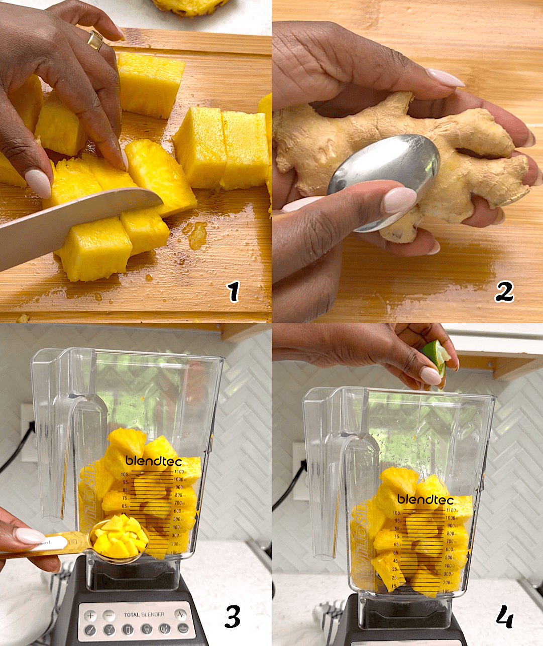 Chop the fruit, and combine all the ingredients in a blender.