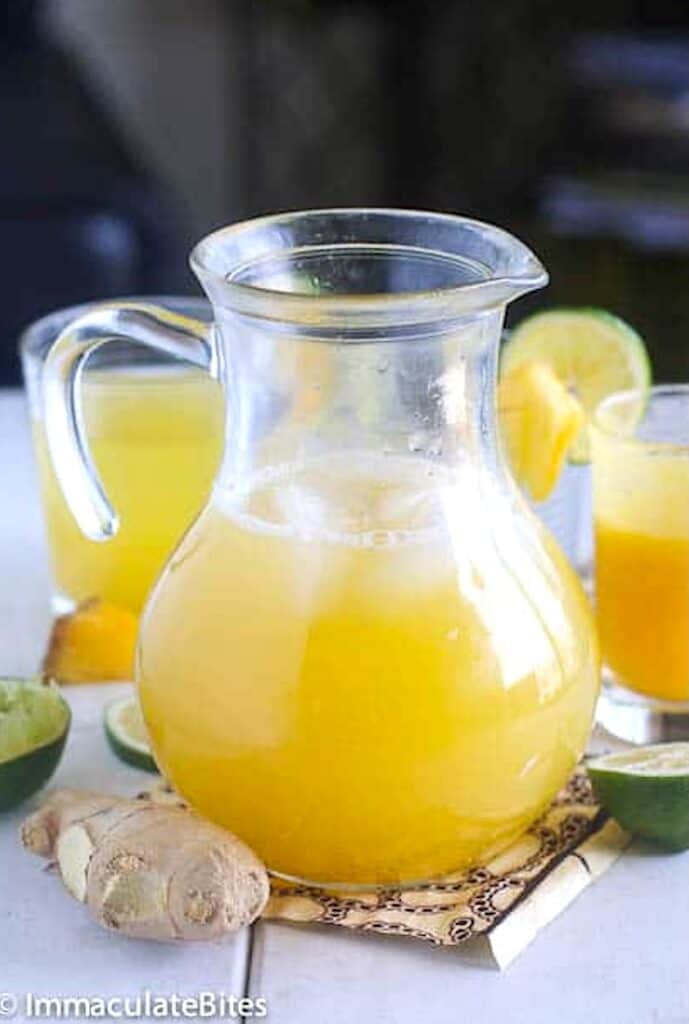 A pitcher of freshly made pineapple ginger juice ready to refresh the family.