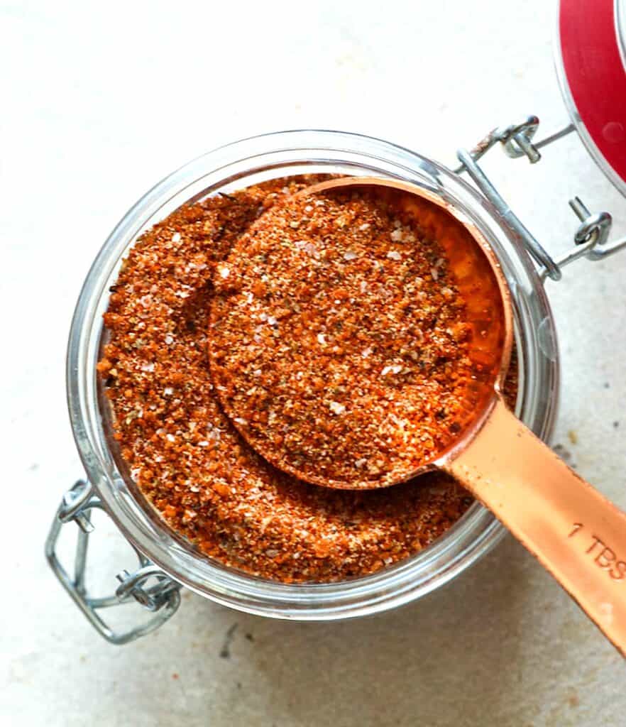 A jar of smoked brisket rub ready to spice up your life, and your brisket.