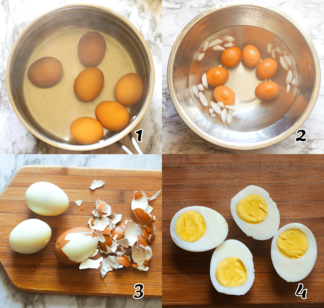 Boil or smoke them in the shell, chill in ice water, peel, and slice in half lengthwise.
