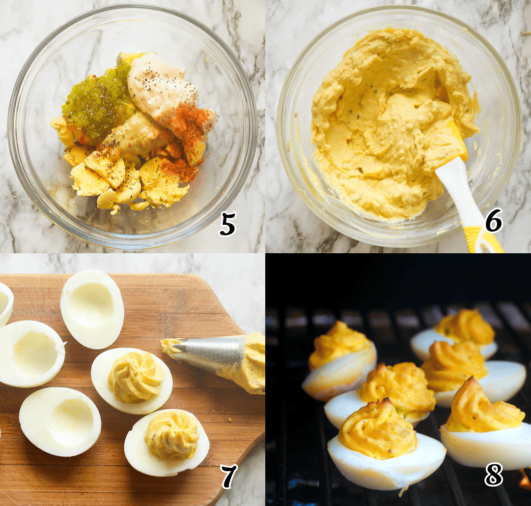 Mix the yolks with the filling ingredient, pipe it into the empty whites, and put them in a pellet grill for about 15 minutes.