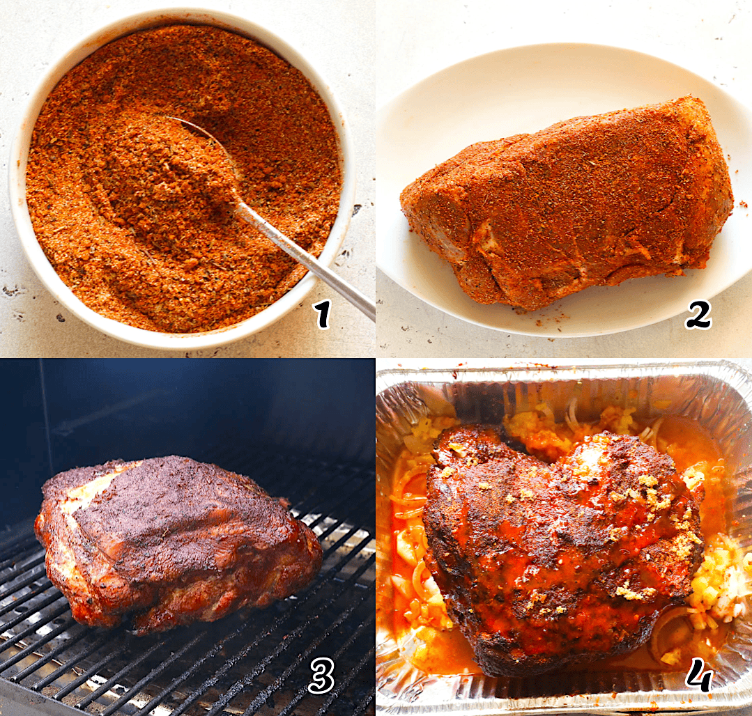 Make the rub, season the roast, stick it in the pellet grill, then add liquid and cover.