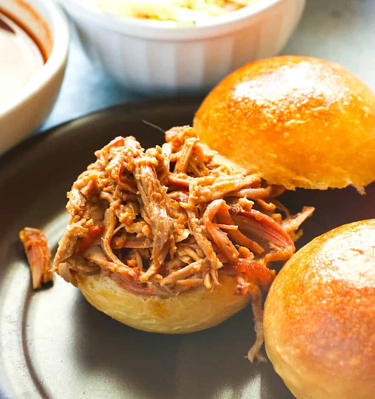 Making a pulled pork sandwich for the family BBQ.