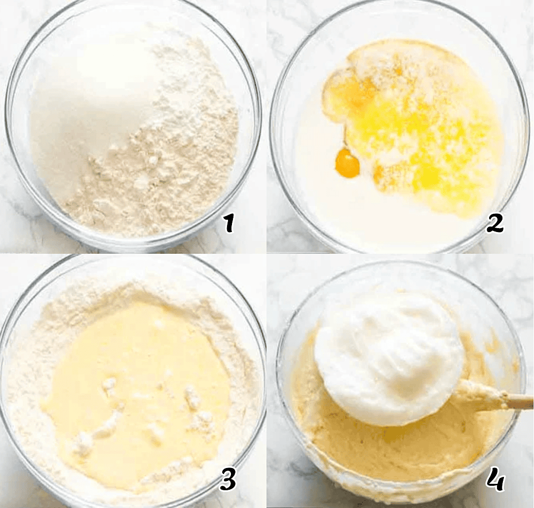 Mix the dry ingredients, mix the wet ingredients, combine them, and fold in the beaten egg whites.