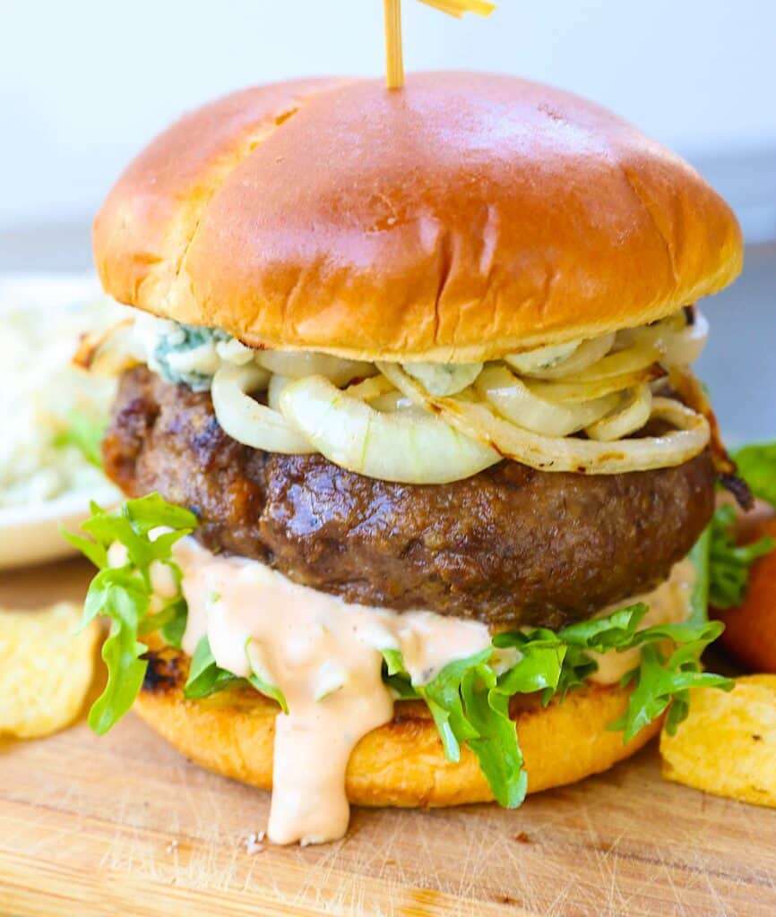 A freshly grilled Wagyu burger, assembled and ready to enjoy.