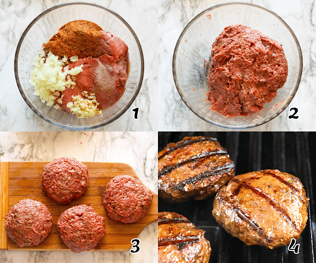 Mix the meat and seasonings, make the patties, chill, and grill.