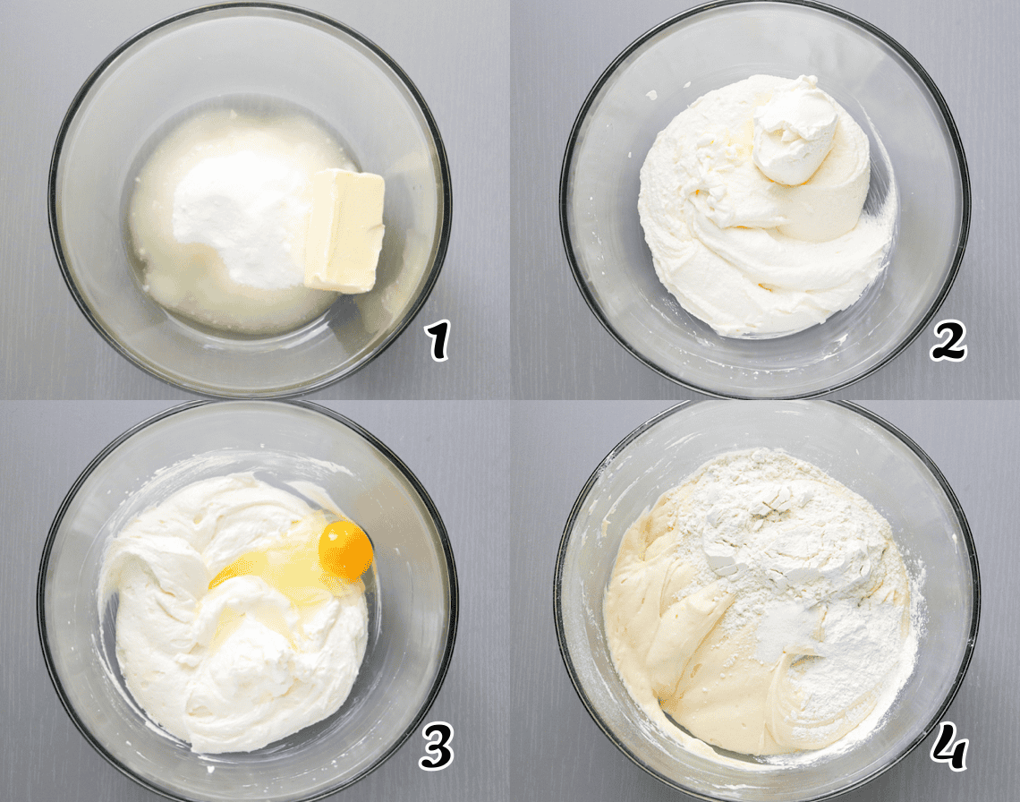 Cream the butter, oil, and sugar, add the eggs, then gently mix in the dry ingredients.