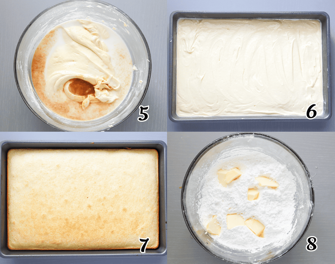 Fold in the milk and vanilla, spread the batter out in a baking sheet, and bake. While the cake is baking, make the frosting.