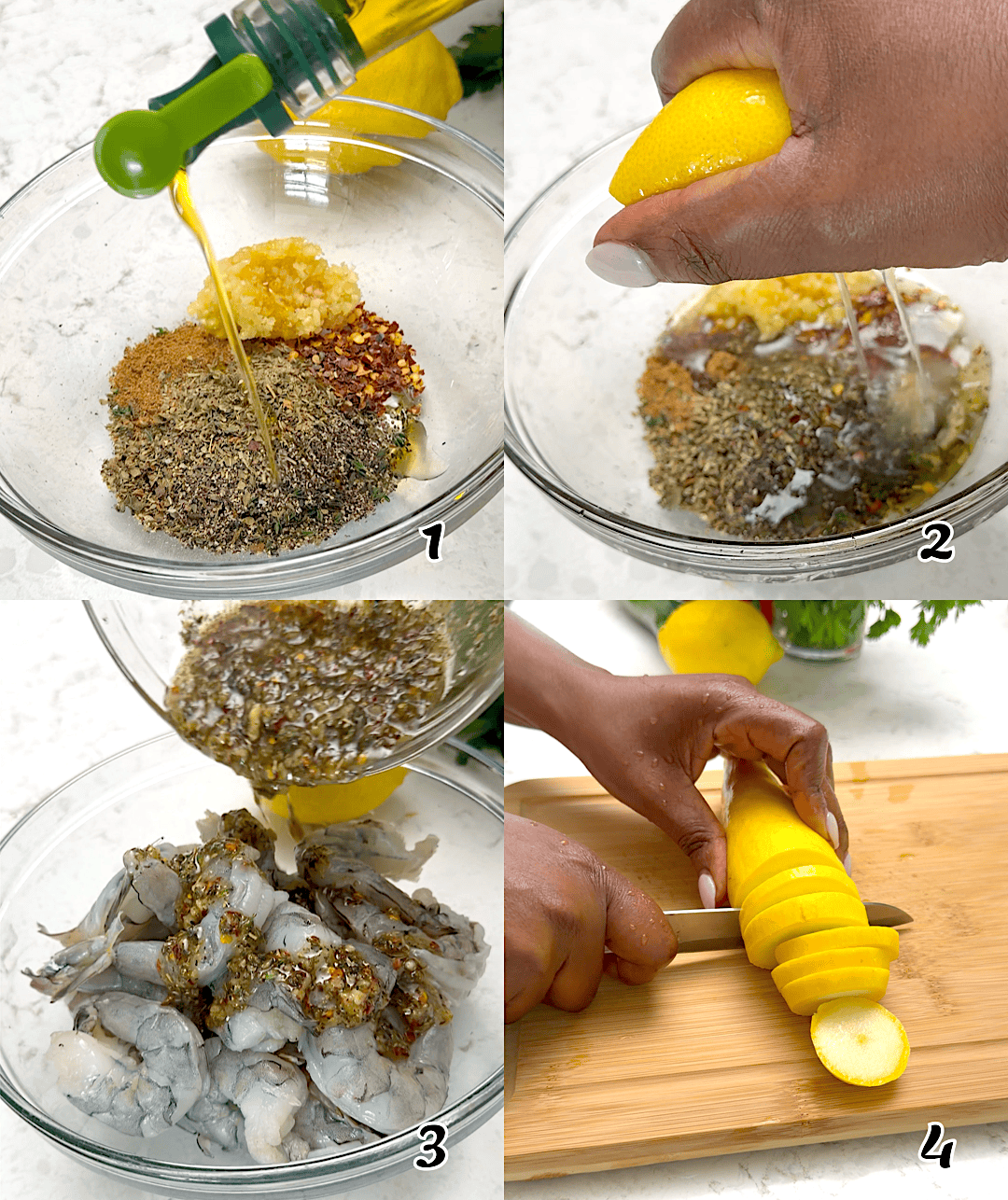 Make the marinade, season the seafood, and cut up the vegetables.