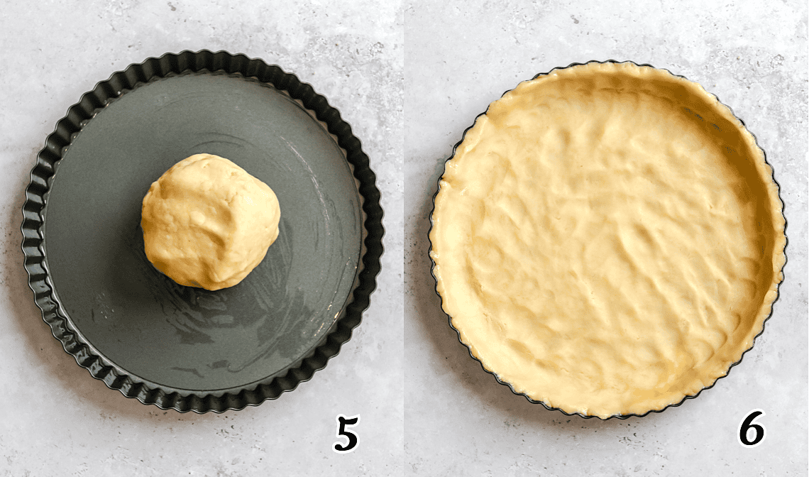 Press the dough into the tart pan to form a crust.