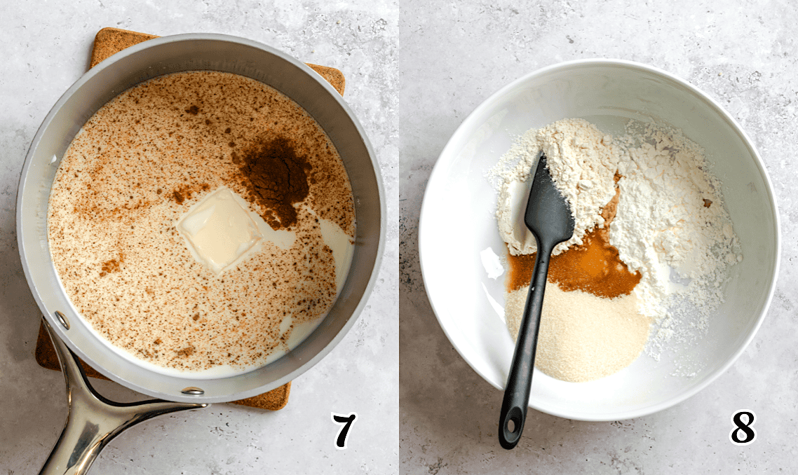 Heat the milk, butter, and spices, then mix the thickeners and extracts.