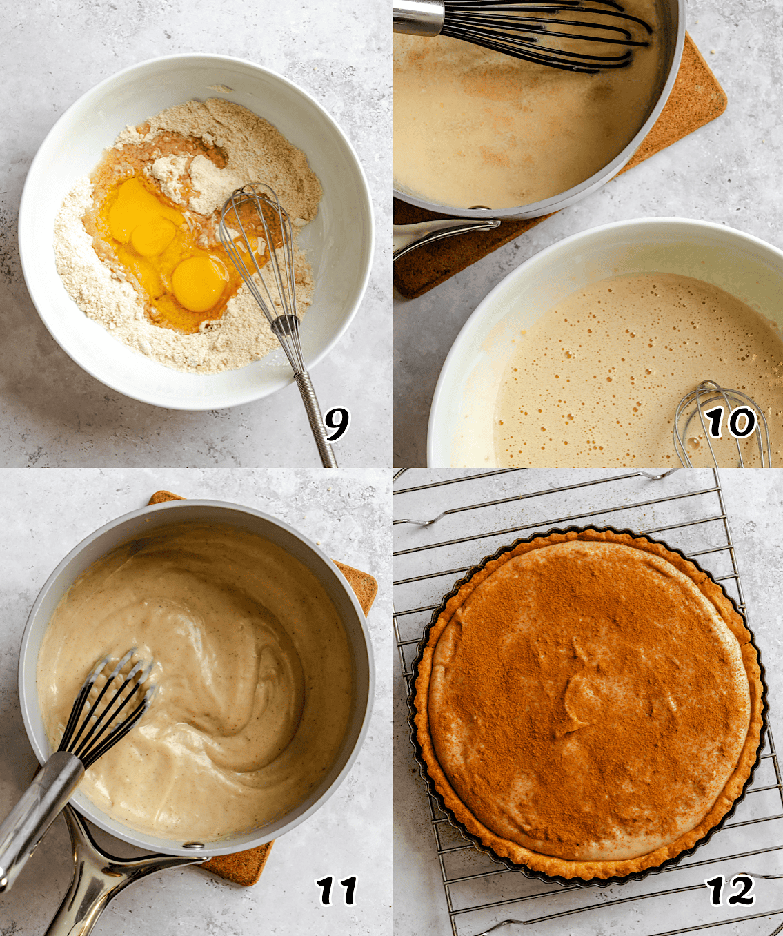 Add the eggs to the dry ingredients, whisk them into the hot milk, simmer until thickened. Pour into the tart crust and chill it.