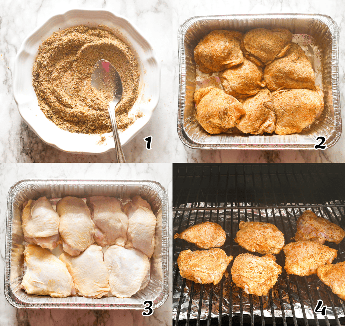 Make the poultry seasoning, season the meat, and smoke it.