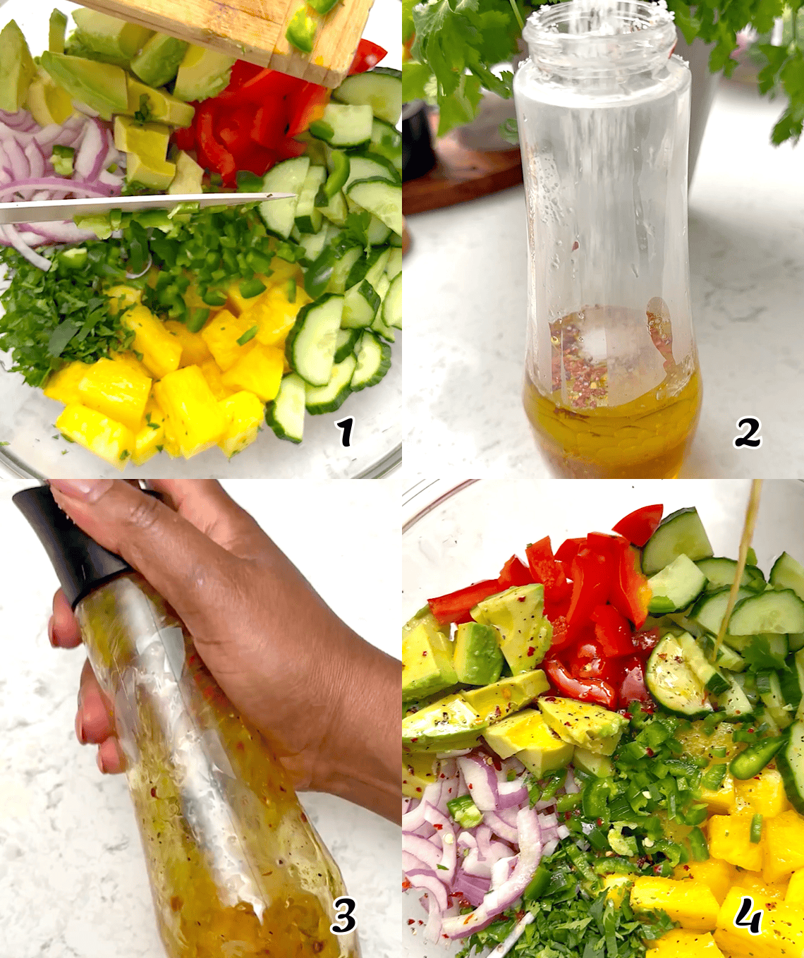 Chop the fruit and vegetables, make the dressing, assemble, and enjoy.