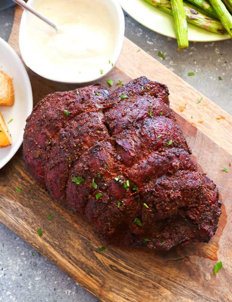 A sirloin roast resting after being smoked.