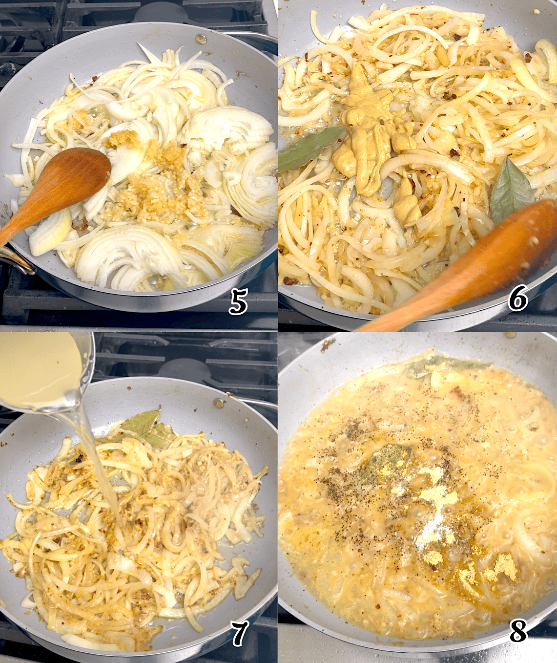 Add seasonings, the mustard and bay leaves, then the broth, and the rest of the spices.