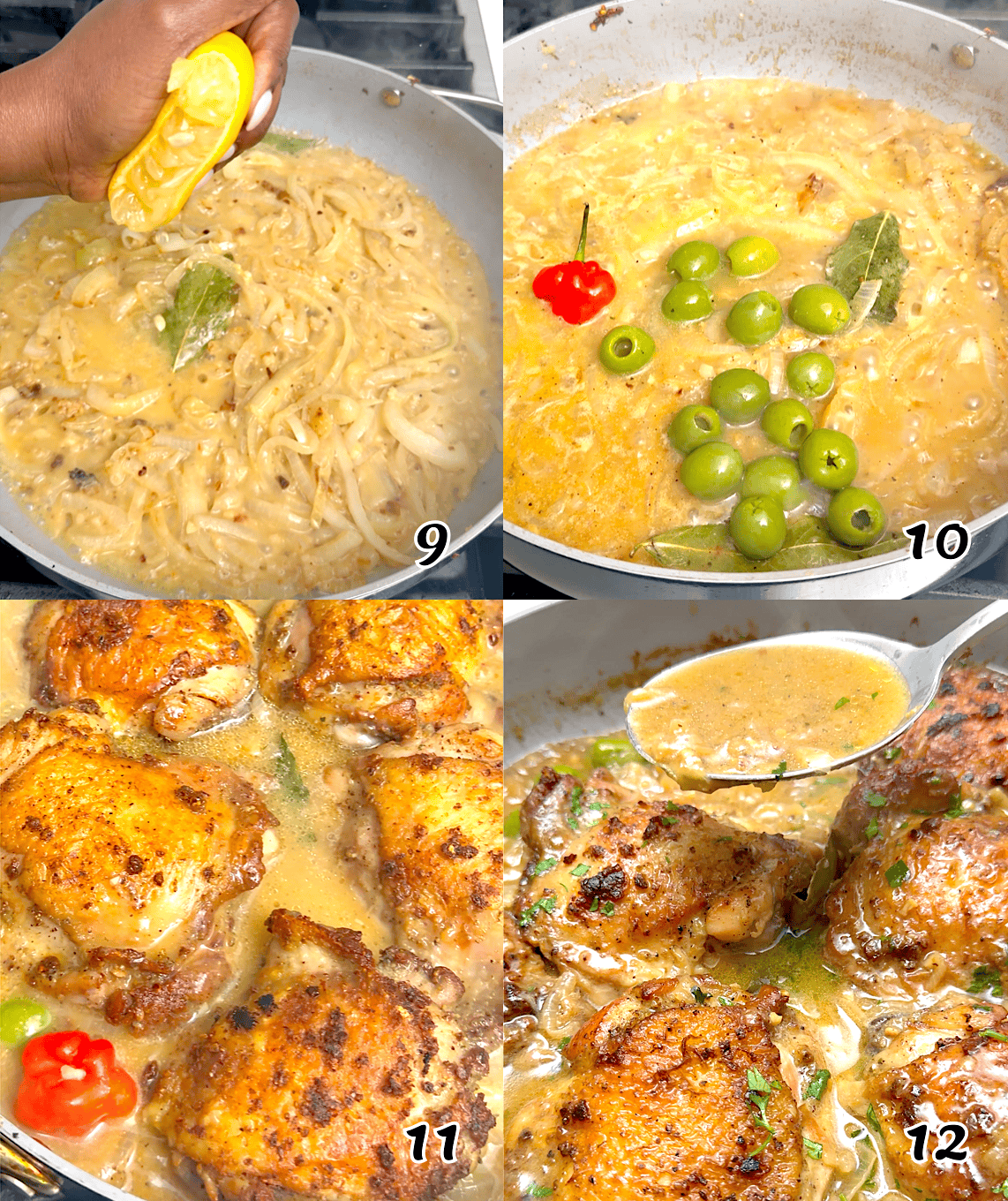 Stir in the lemon juice, add the hot pepper and olives, put the chicken back in, and simmer.