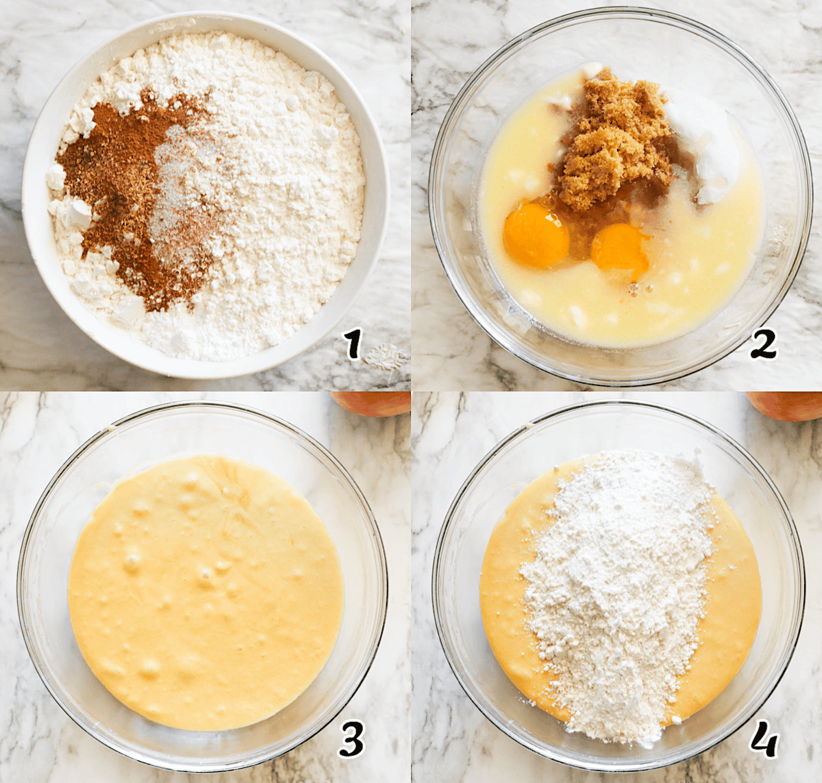 Mix the dry and wet ingredients separately, then combine them.