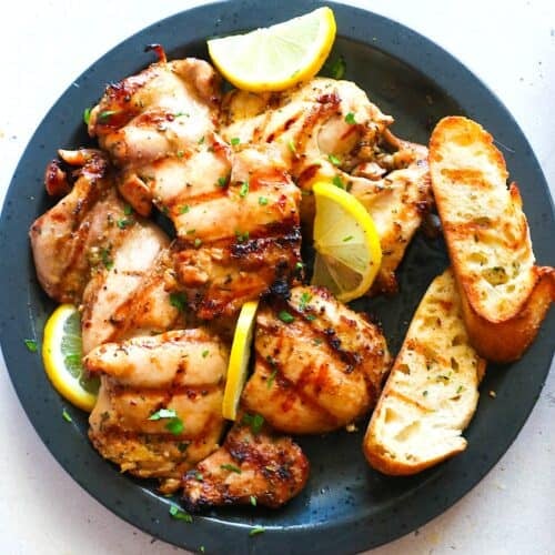 A plateful of boneless thighs fresh off the grill.