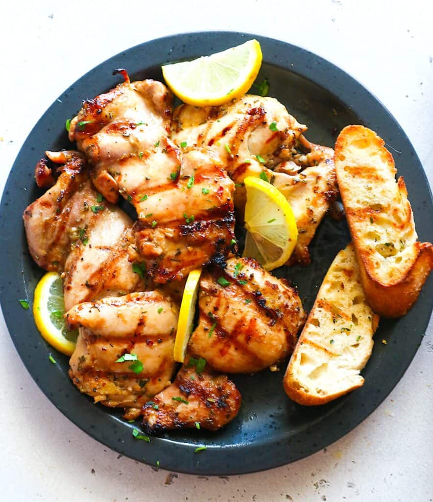 A plateful of boneless thighs fresh off the grill.