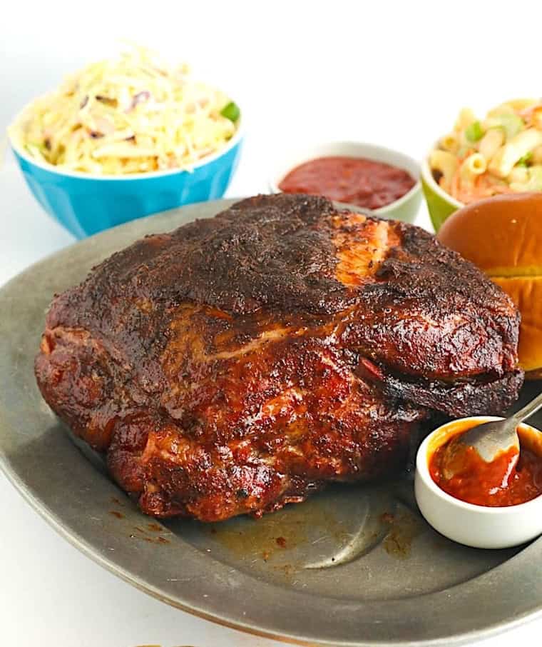 Easy pellet grill pork butt perfect for a cookout main or sandwich filling.