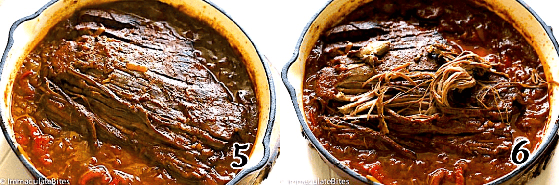 Add the beef and simmer or braise in the oven until tender. Shred the beef.