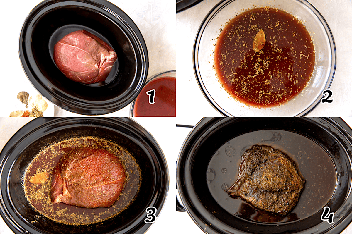 Season the roast, put it in the Crock-Pot, add the seasonings and liquids, and simmer.