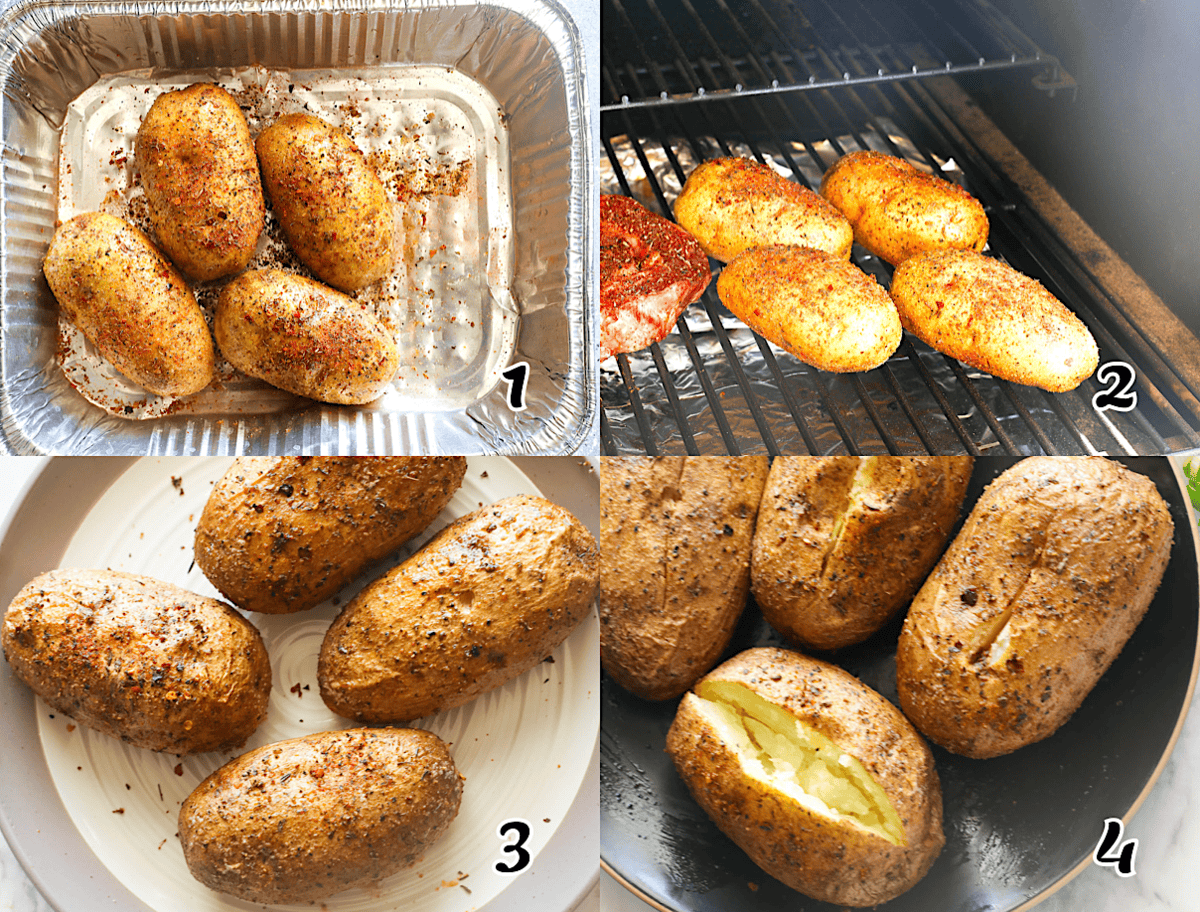 Oil and season the spuds, then put them in the pellet grill until done.