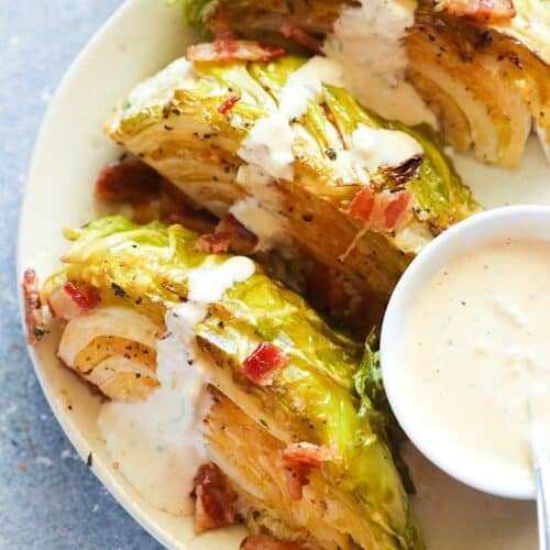 Serving up smoked cabbage with bacon and homemade remoulade sauce.