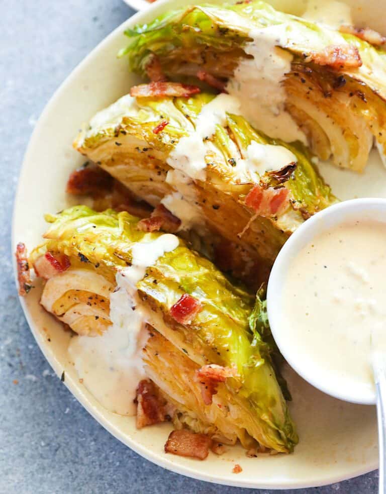 Serving up smoked cabbage with bacon and homemade remoulade sauce.