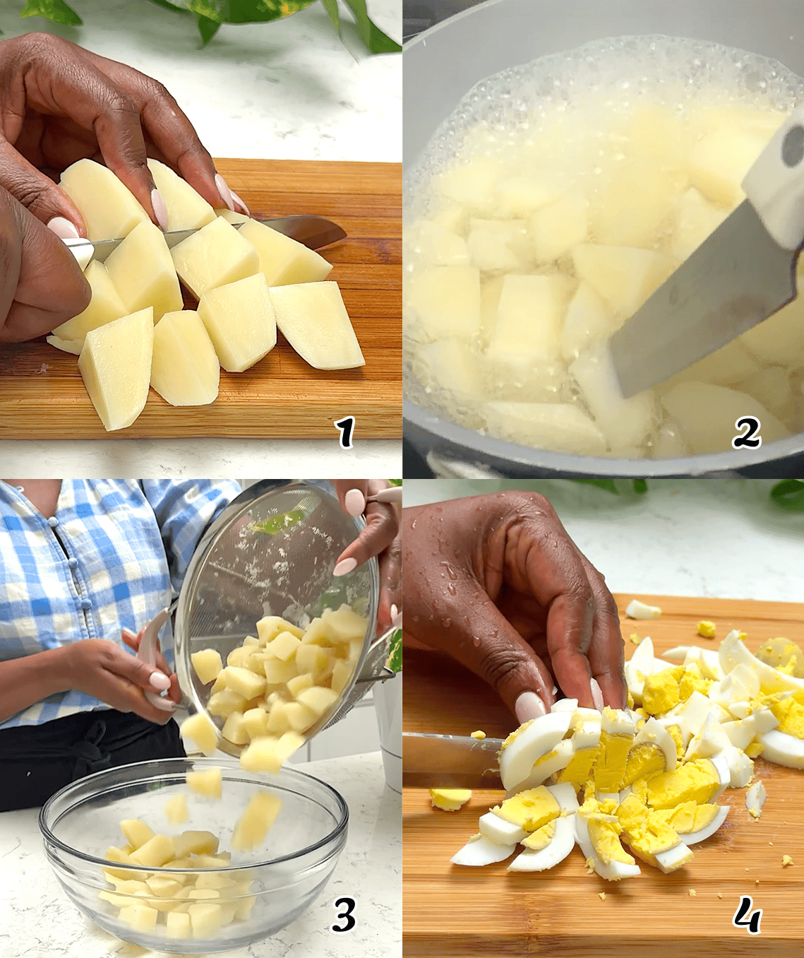 Prep the spuds and slice the boiled eggs.