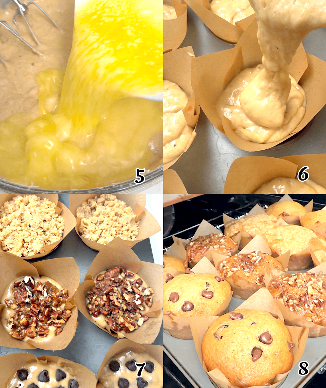 Add the butter, pour the batter into the prepared baking pan, add the desired toppings, and bake.