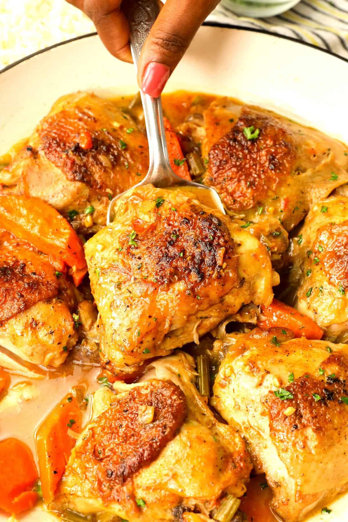 Serving up braised chicken thighs for a juicy, easy weeknight meal.