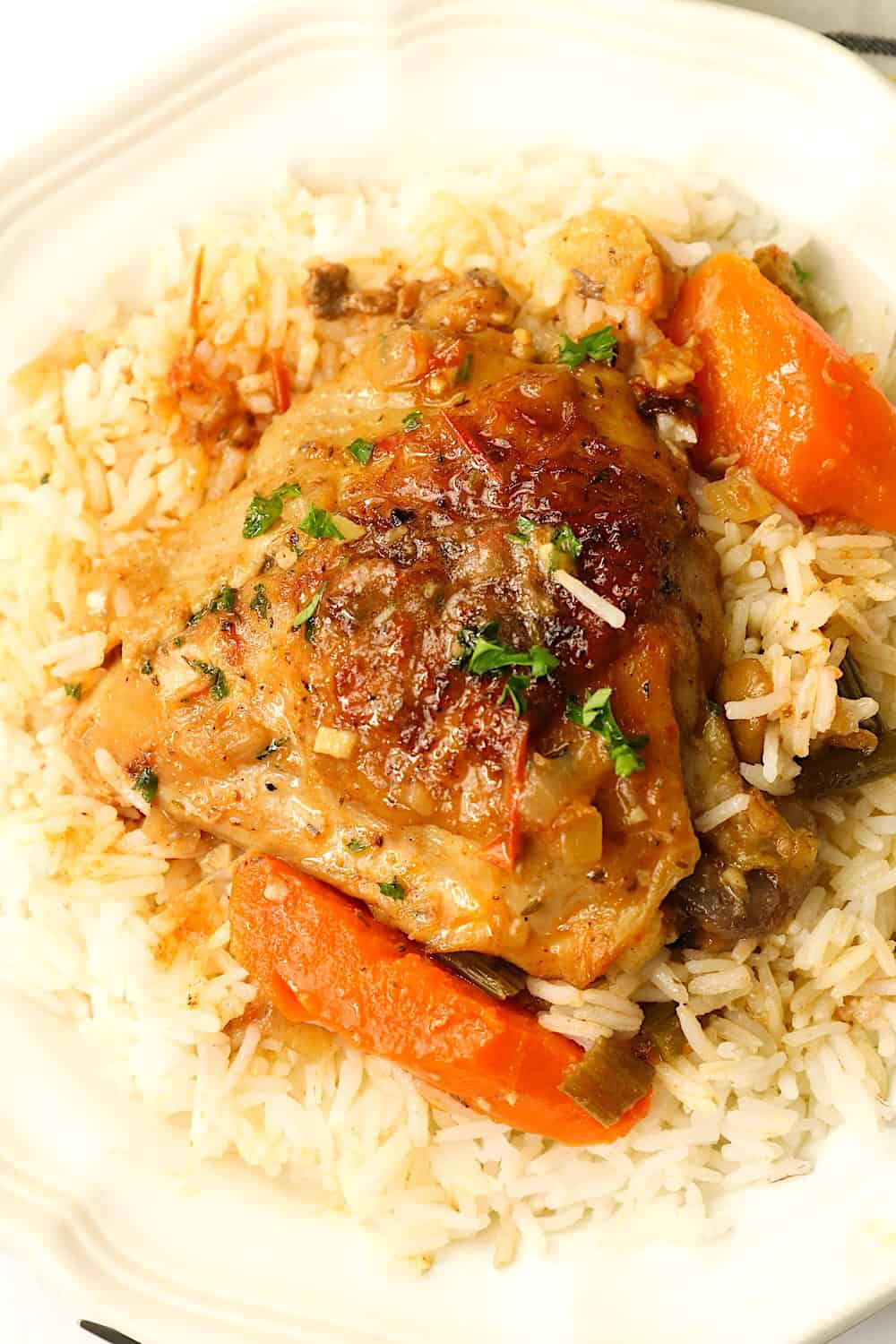 Enjoying economical chicken thighs braised in broth and wine, then served over white rice for an easy and healthy dinner.
