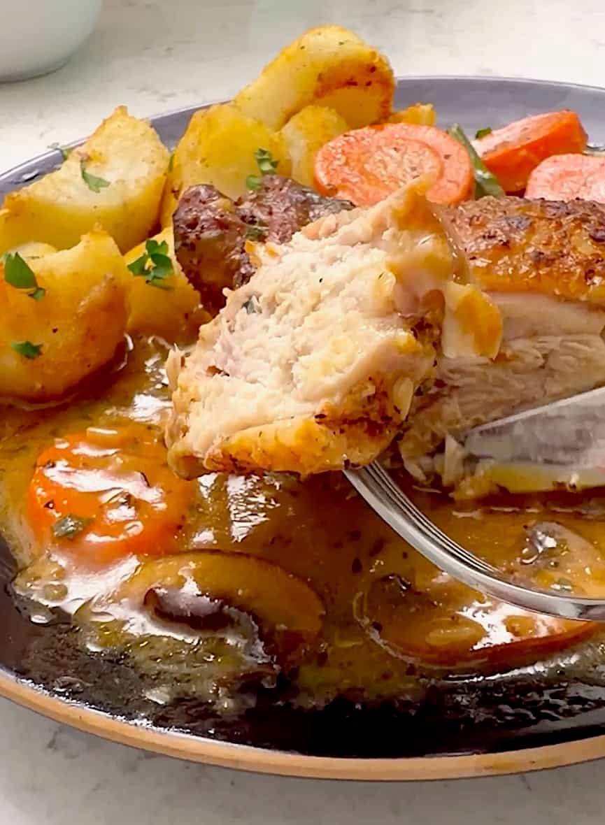 Slicing into satisfying and comforting chicken in a fricassee gravy.