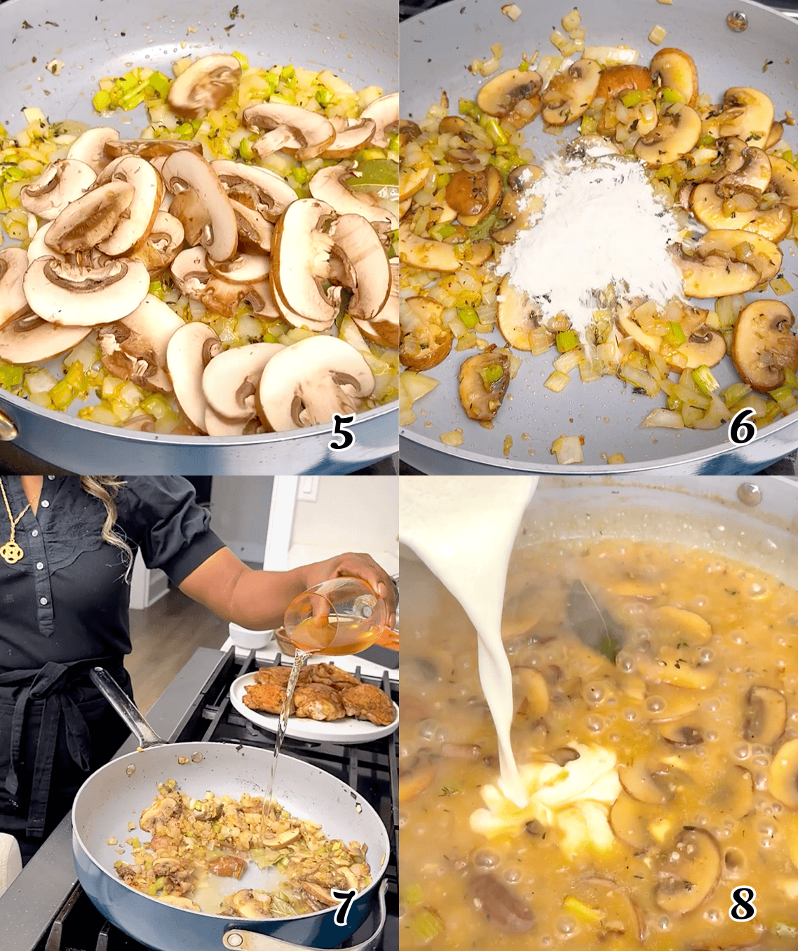 Saute the mushrooms, add the liquids and simmer until thickened. Then add the cream.