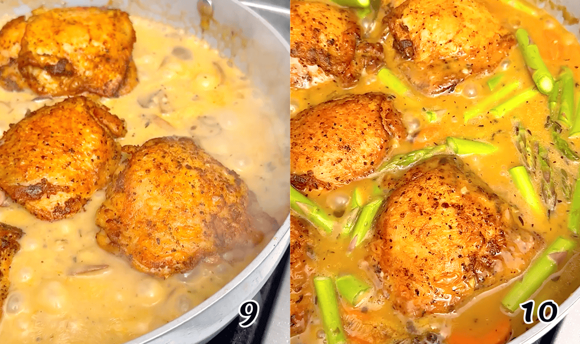 Put the chicken back in along with the carrots, and simmer. Then add the asparagus and simmer until everything is done. Enjoy!
