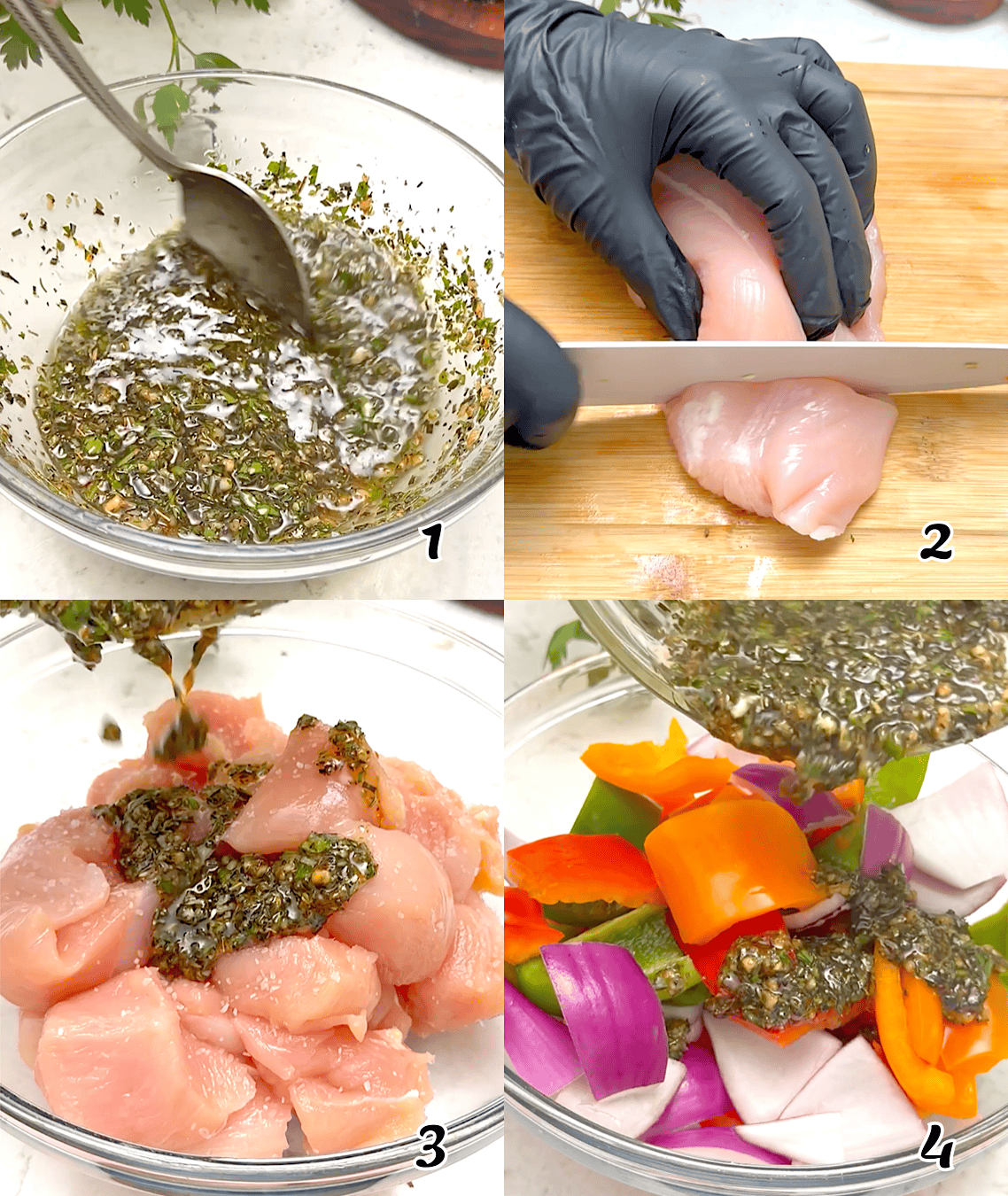Make the marinade, prep the meat, marinate it, and the vegetables.